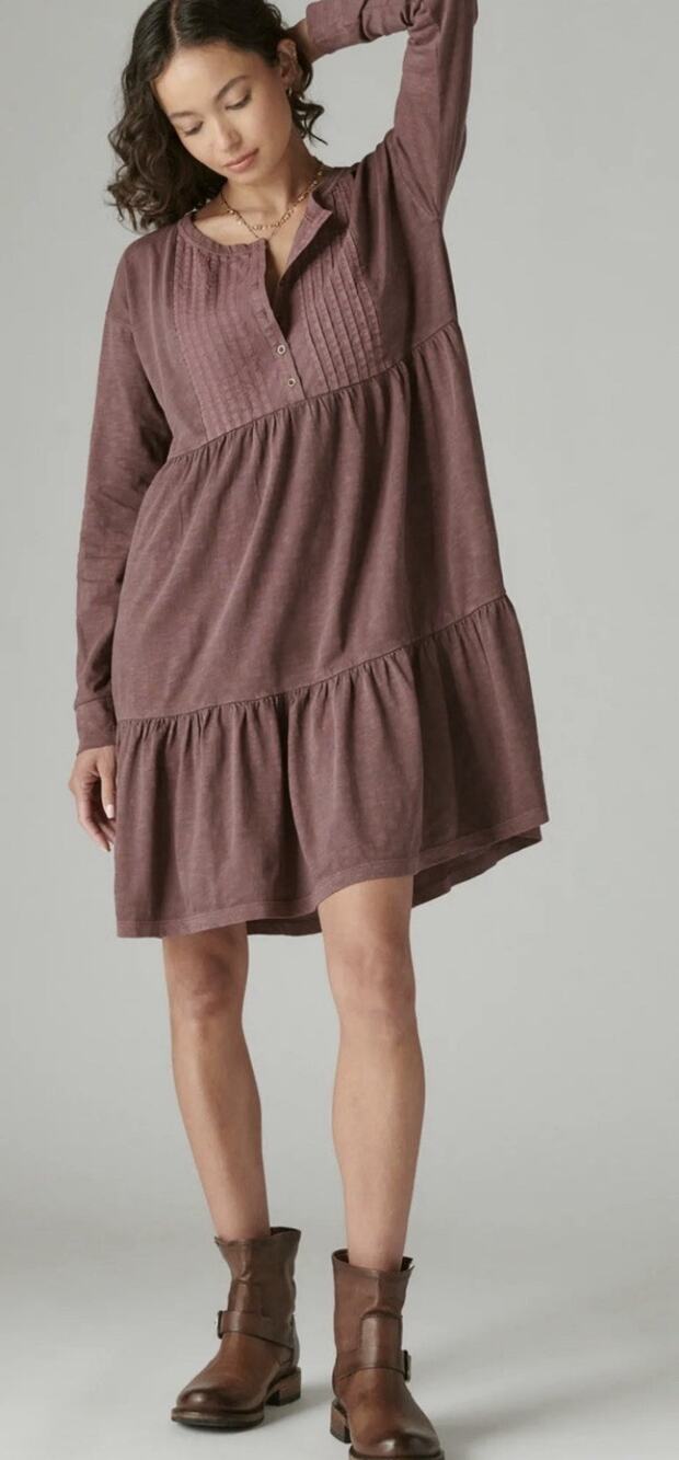 NWT $99 Lucky Brand Henley Dress Pintuck Purple Long Sleeve Cottage Prairie Sz L